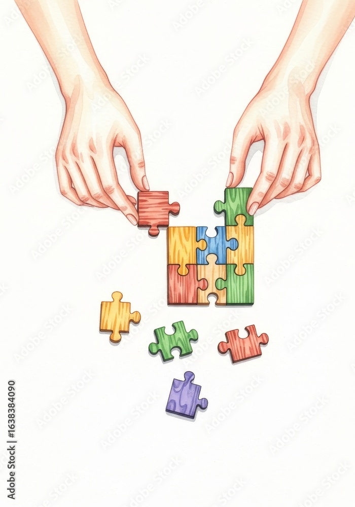 Poster hands solving colorful wooden puzzle - conceptual symbolizing problem-solving, teamwork, collaborati