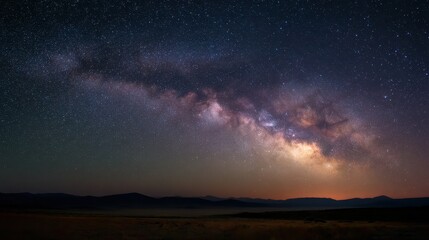 Fototapeta premium Night Landscape Galaxy view over mountains, field in foreground. Night wallpaper