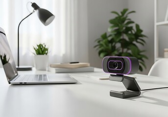 Webcam setup on a modern white desk in a clean home office with a laptop, perfect for remote work, online meetings, streaming, and video calls.