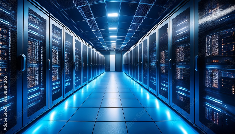 Aufkleber rows of server racks illuminate the data center with blue lights highlighting the sleek design and e