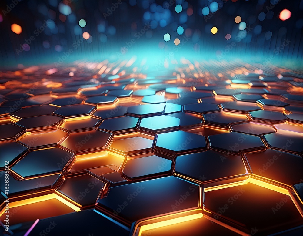 Poster glowing hexagonal grid pattern with soft ambient lighting for industrial minimalist and futuristic v