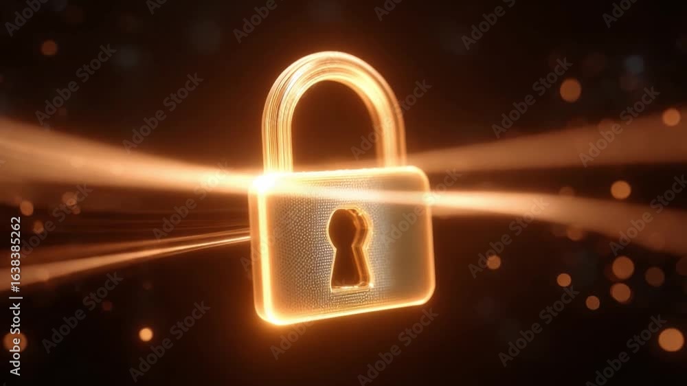 Poster secure digital fortress: an artistic visualization of a shimmering, gold padlock, emitting streams o