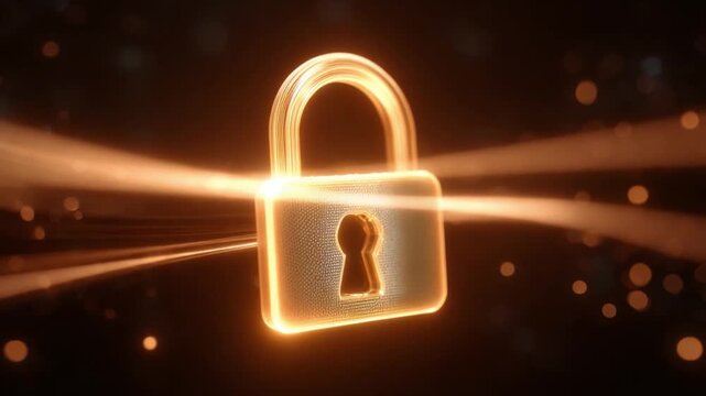 Secure Digital Fortress: An artistic visualization of a shimmering, gold padlock, emitting streams of light against a dynamic backdrop, symbolizing digital security and data protection.