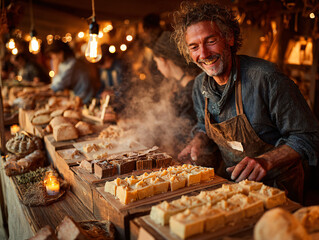 Close-up of a rustic food stall at the Festival delle Sagre, showcasing steaming trays of handmade pasta, local cheeses, cured meats, and bread. 