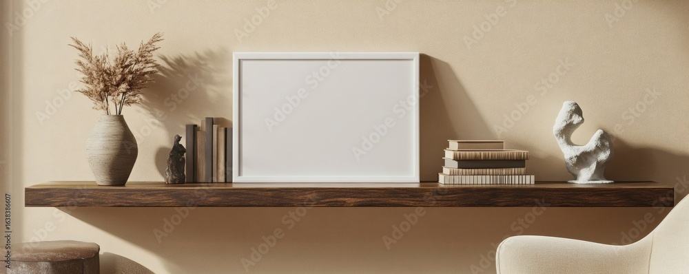 Poster Empty white picture frame on wooden shelf with decorative objects.