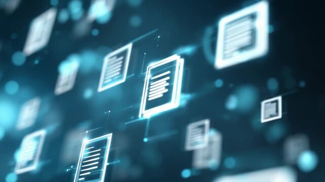 Digital Document Transmission: Futuristic digital documents interface, highlighting seamless connectivity and the power of data exchange in a network.