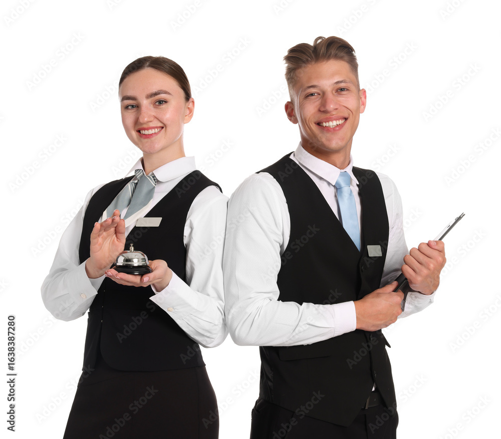 Poster smiling receptionists in uniforms with service bell and clipboard on white background
