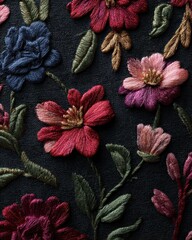 Close-up of intricate floral embroidery, dark background, textile art, craft detail