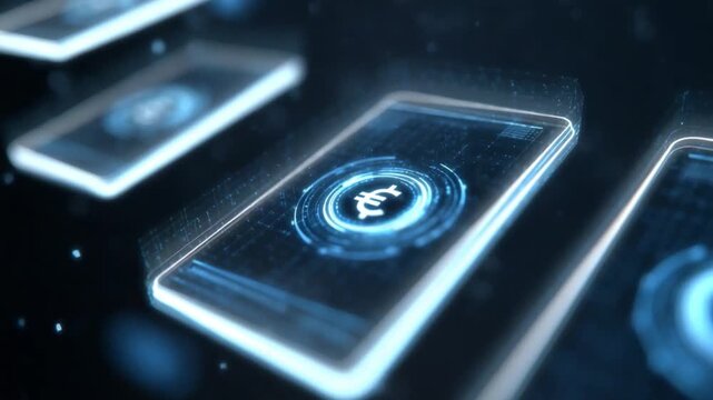 Futuristic Digital Finance: A close-up view captures an array of glowing smartphone screens displaying a digital currency symbol, hinting at the innovative landscape of financial technology.