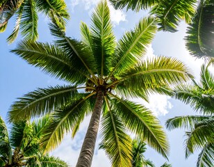 Fototapeta premium Lush palm trees against a bright blue sky
