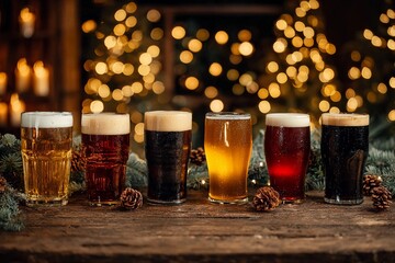 Craft beers arranged on a wooden table with warm lights and pinecones in the background