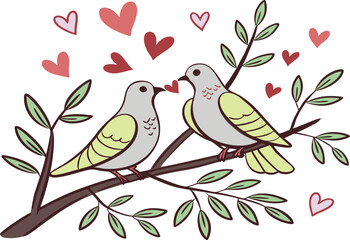 Doves with heart and branches leaves to valentines day art and illustration