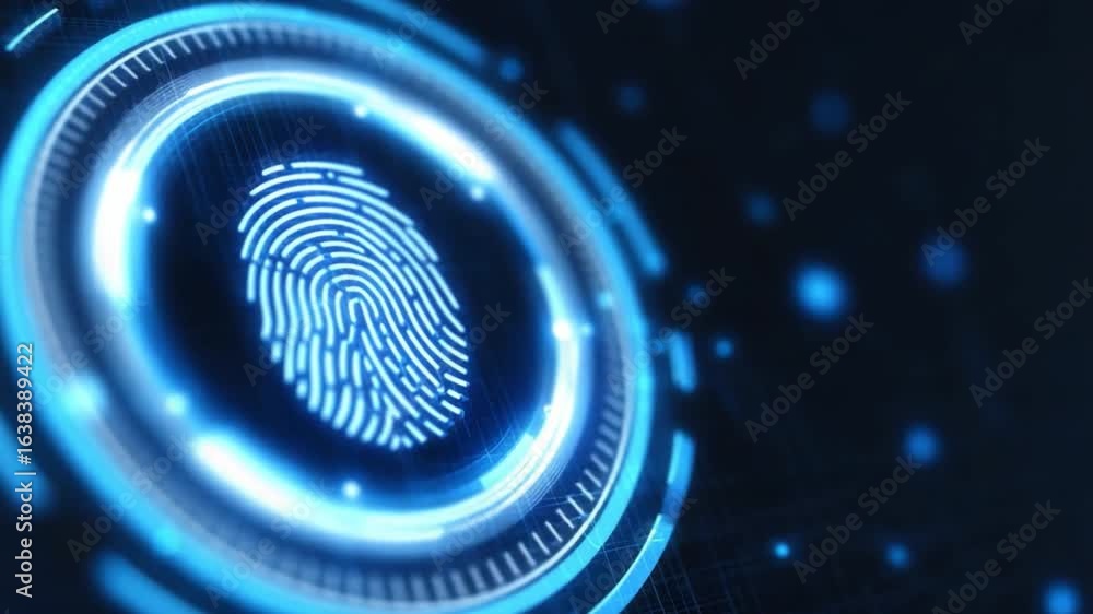 Aufkleber digital fingerprint scan: a close-up shot reveals a digitally rendered fingerprint scan, illuminated