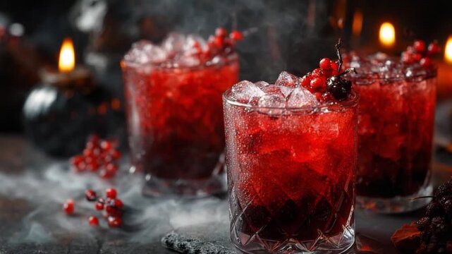 Crimson Elixir: A striking, close-up captures a trio of ruby-red drinks, their surfaces shimmering with ice, adorned with vibrant berries. The atmosphere is heightened by ethereal mist.