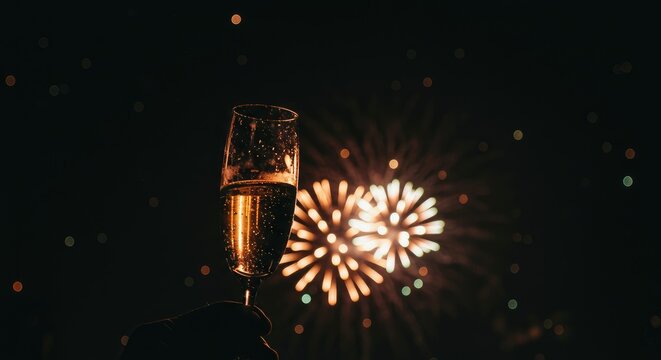 Champagne Toast with Fireworks: Celebration, New Year's Eve, Festive Night.