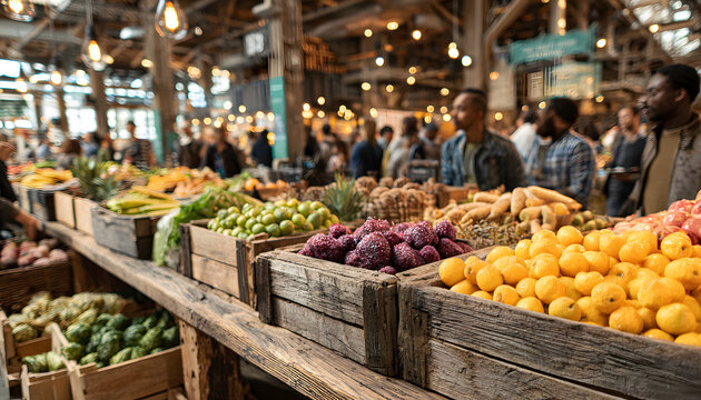 Noisy indoor farmers market scene shoppers selecting fresh, colorful produce from market stalls. Vibrant fruits, vegetables fill wooden crates, offering healthy, local food options in urban setting.