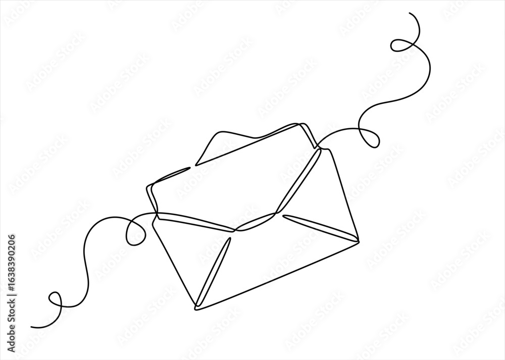 Poster continuous line drawing of open envelope with a letter. continuous line drawing of open envelope wit