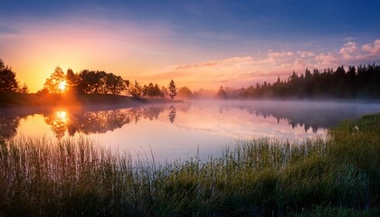Obraz premium serene dawn landscape misty lake reflecting tranquil nature at sunrise