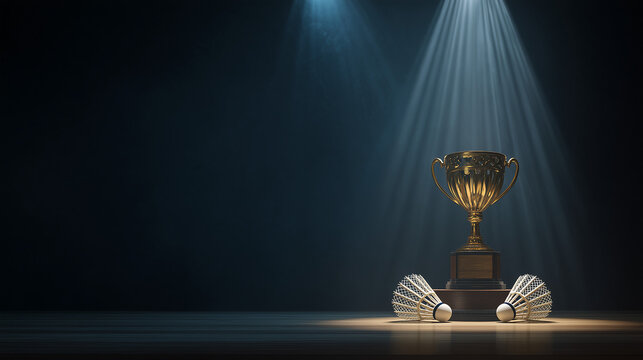 Trophy and shuttlecock arranged on podium with spotlight - Powered by Adobe