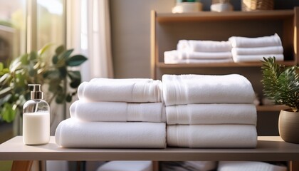 fluffy white towels neatly folded on shelf clean and fresh laundry domestic tranquility comforting home atmosphere