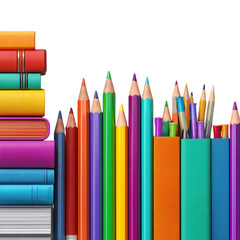 Vibrant Collection of Colorful Stationery Items Featuring Books, Colored Pencils, and Notebooks Isolated on a White Background for Educational and Creative Concepts