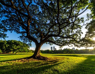 Fototapeta premium Lush parkland tree at sunset