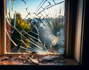 Obraz premium a broken window with shattered glass and debris inside