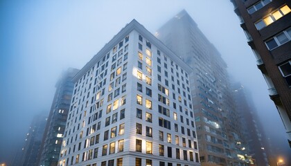 Obraz premium multiple floors of a white building stand out amid fog and rain while illuminated windows create a striking contrast in a bustling city