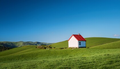 Obraz premium small white house with red roof stands alone on rolling green hills under clear blue sky surrounded by lush grass and peaceful countryside landscape