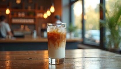 Iced latte sits on wooden table in stylish coffee shop, capturing moment of productivity, relaxation. Beverage represents modern workspace for entrepreneurs seeking concentration, success. Enjoying