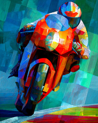 Hypnagogic motorcyclist on modern sport bike with cubist segments and fauvist palette, purple and yellow shades, sense of speed and motion