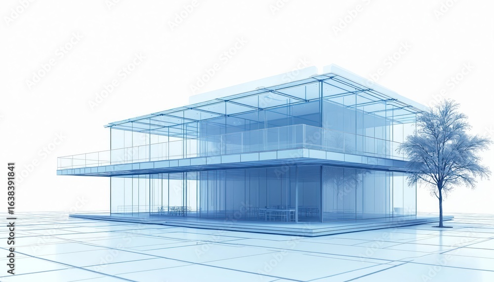 Poster wire-frame building illustration with glass facade and balconies. modern architectural design shows 