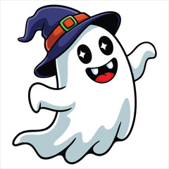 Smiling cute ghost flying in vector illustration. Great for Halloween treats or tricks themes, kids decorations, and friendly spooky seasonal visuals.