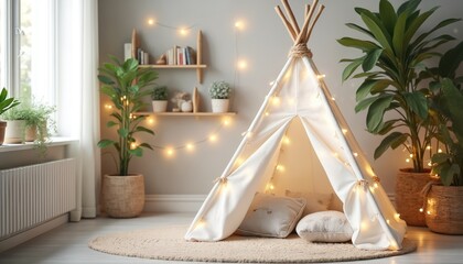 Cozy white teepee with fairy lights creates magical children play space. Plants, pillows, rug enhance this whimsical, enchanting corner for storytelling, imaginative fun. Safe, inviting, dreamlike.