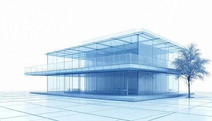 Fototapeta premium Wire-frame building illustration with glass facade and balconies. Modern architectural design shows structure with grid floor pattern. Includes sparse tree detail, blueprint concept.