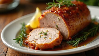 Succulent roasted pork loin with crispy golden crust, fresh rosemary garnish, served with lemon wedge. Tender, juicy meat delicious culinary preparation perfect for dinner special feast. Aromatic