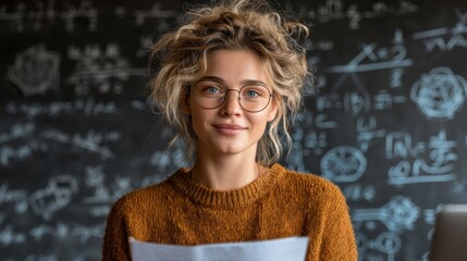 A confident female teacher holds papers in a classroom filled with mathematical equations around her