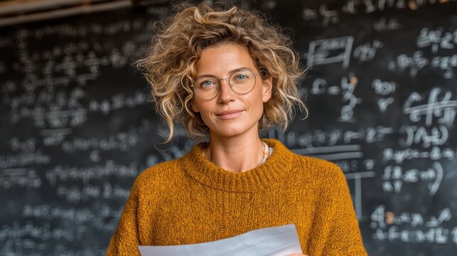A confident female teacher holds papers in a classroom filled with mathematical equations around her