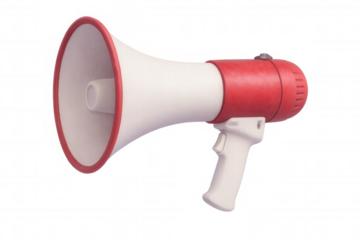 Red and white megaphone isolated on a transparent background, ready for announcements and communication