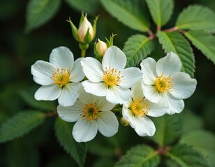 Fototapeta premium Macro photography of white rose hips, buds on dark green blurred background. Delicate white petals with yellow stamens in sharp focus. Delicate bloom spring, nature beauty, perfect for floral