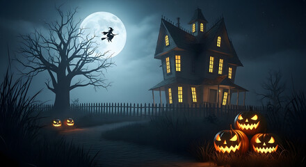 A spooky halloween night scene with a haunted house witch moon and glowing jack o lanterns in the dark