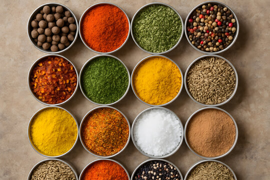 Assorted spices and herbs in metal bowls for cooking and seasoning food