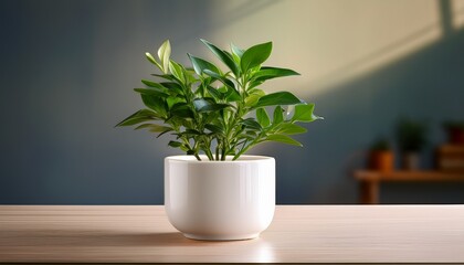 Fototapeta premium a small green plant sits in a white ceramic pot on a table perfect for home decor or office space