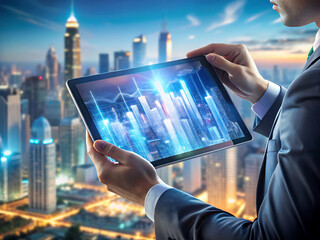 businessman holding digital tablet with world map
