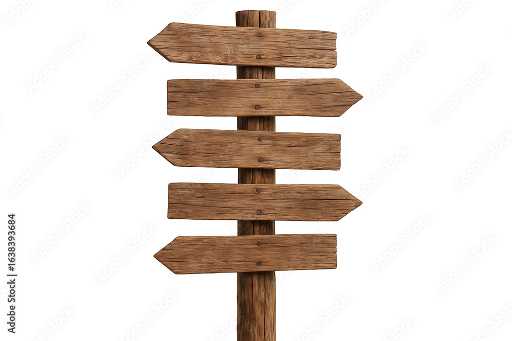 Poster rustic wooden directional signpost with multiple arrow-shaped blanks for custom text and guidance