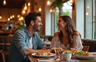 Young couple enjoys delicious Italian food during romantic date night at restaurant. They share laughter, conversation across table laden with meals, drinks, creating warm, intimate dining atmosphere.
