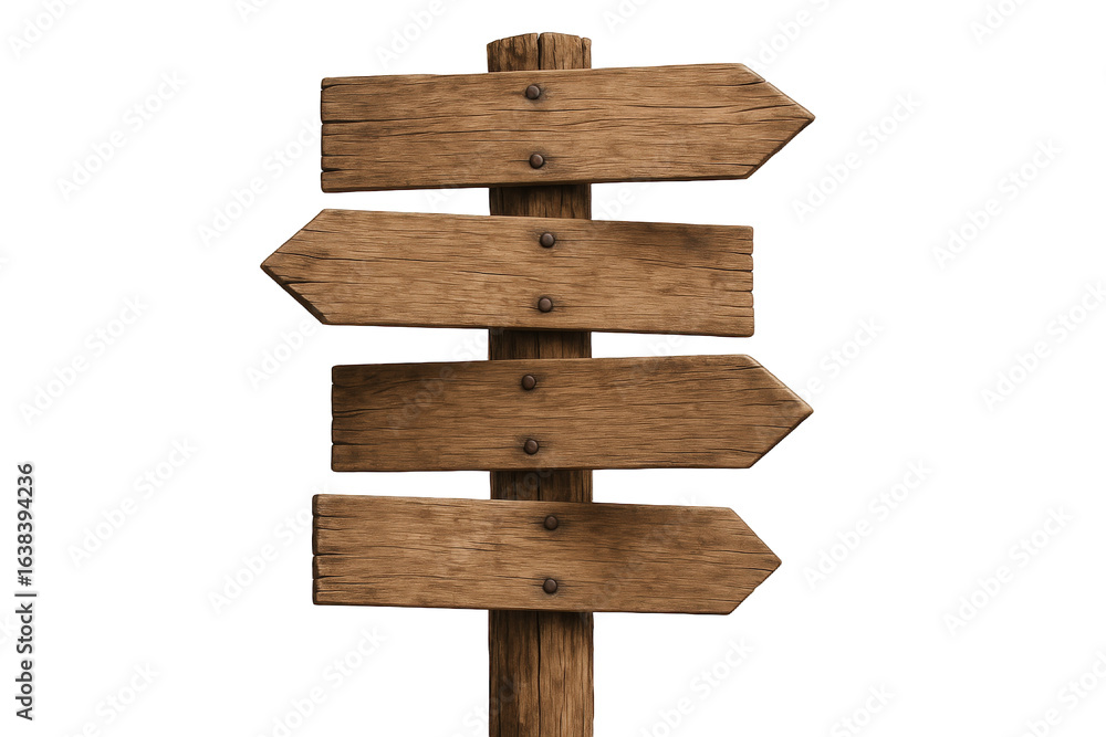 Poster rustic wooden directional signpost with multiple arrow-shaped boards pointing in different direction