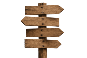 Rustic wooden directional signpost with multiple arrow-shaped boards pointing in different directions against a dark backdrop