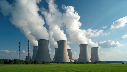 Nuclear power plant cooling towers emit large plumes of steam against bright blue sky, green landscape. Industrial energy production site contrasts with natural environment, technological power