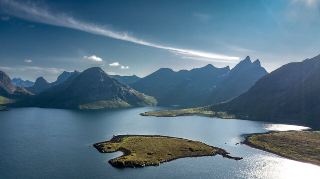 Aerial View Of Coastal Landscape Near Fredvang In Torsfjord On Lofoten Islands In Norway